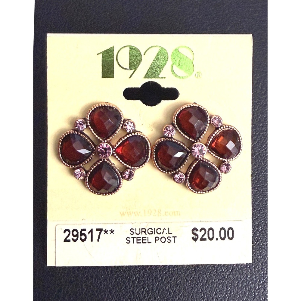 1928 Victorian Revival Earrings Quatrefoil Burgundy Pink Gold Tone Pierced